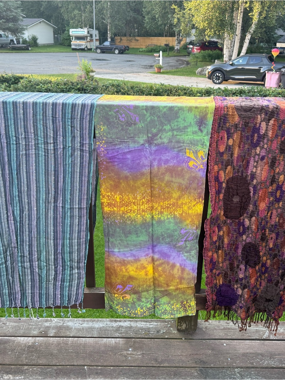 Bundle of Scarves: Merino Wool Wrap, Moroccan Cotton, Tie-Dyed fleur-de-lis